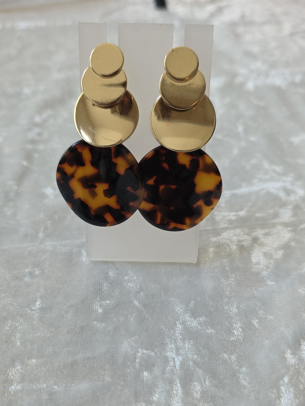 Gold and Tortoiseshell Disc Drop Lightweight Contemporary Earrings